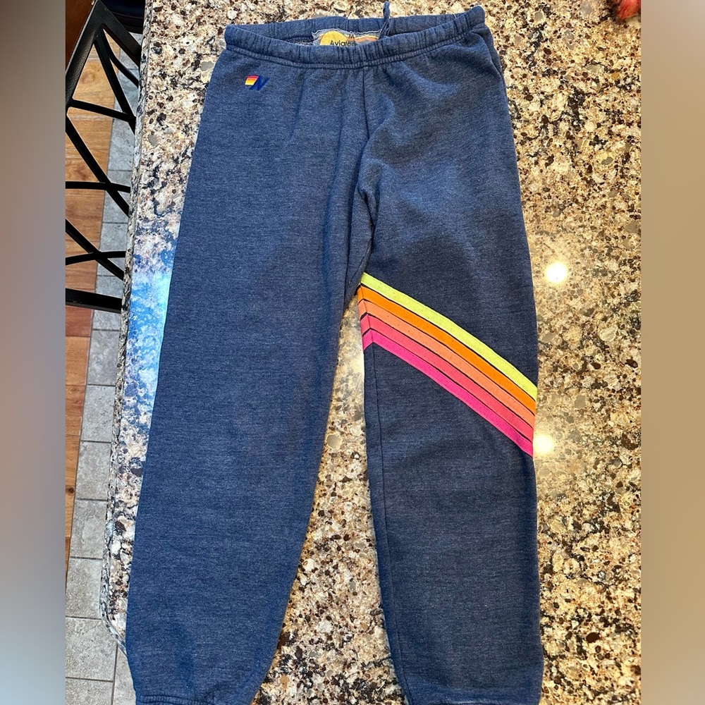 Aviator Nation Blue Neon 5 Stripe Chevron Bolt Sweatpants